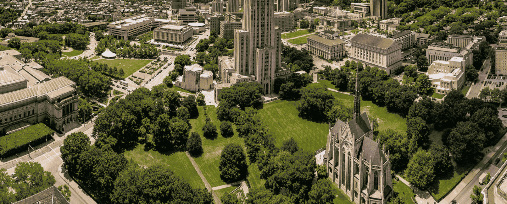 Drone photo of a lush green college campus with tan buildings.