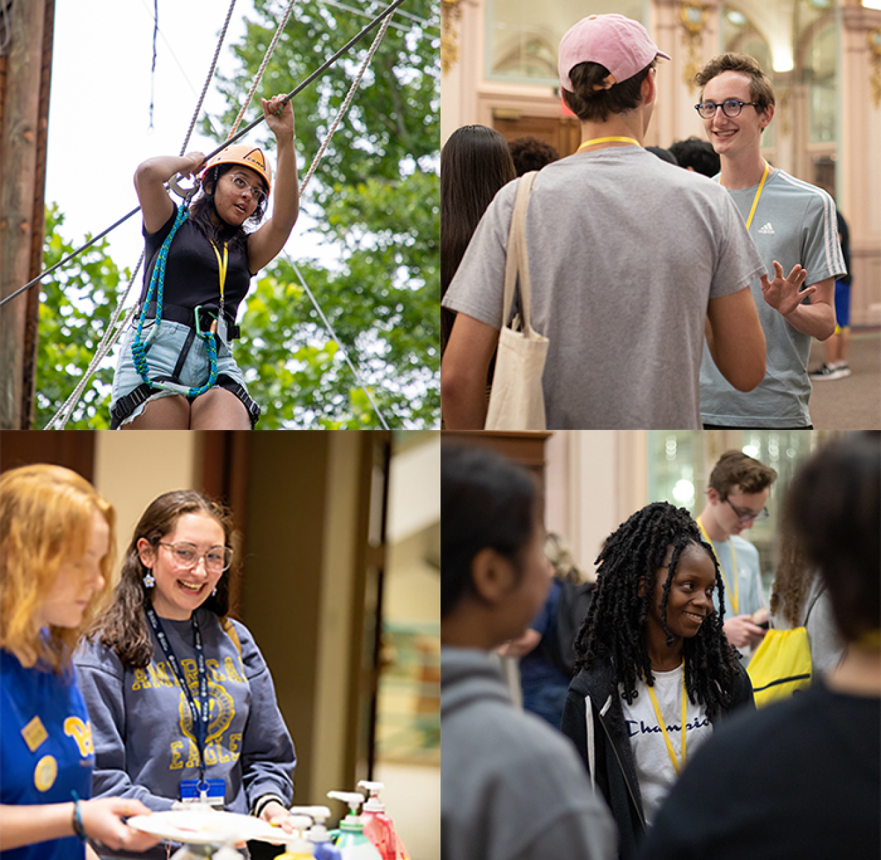 a two by two grid of four photos of students. Top left: Student completing high ropes course. Top right: Two students talking. Bottom left: Two students in line for art supplies. Bottom right: Student in a ballroom